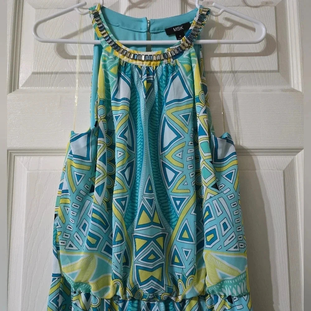 MSK Geometric Print Maxi Dress, Jeweled Halter Neckline, Stretchy Waist, EUC! - Picture 2 of 11